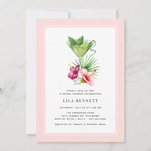 Tropical Summer Cocktail  Cute Pink Bridal Shower Invitation