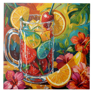 Tropical Summer Cocktail Impasto Oil Painting Ceramic Tile