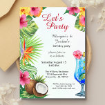 Tropical Summer Couples Friend Joint Birthday Invitation<br><div class="desc">Celebrate your joint birthday with a tropical-themed party using our stunning watercolor invitations. Featuring Hawaiian flowers, a coconut, and a cocktail against a light background, the design bursts with vibrant energy. "Let’s Party" in elegant script sets the festive tone, while the back promises "Dine, Drink, Dance." Easily customize every detail...</div>