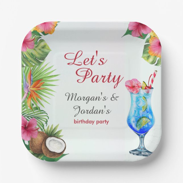 Tropical Summer Couples Friend Joint Birthday Paper Plates (Front)