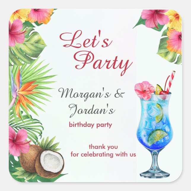 Tropical Summer Couples Friend Joint Birthday Square Sticker (Front)
