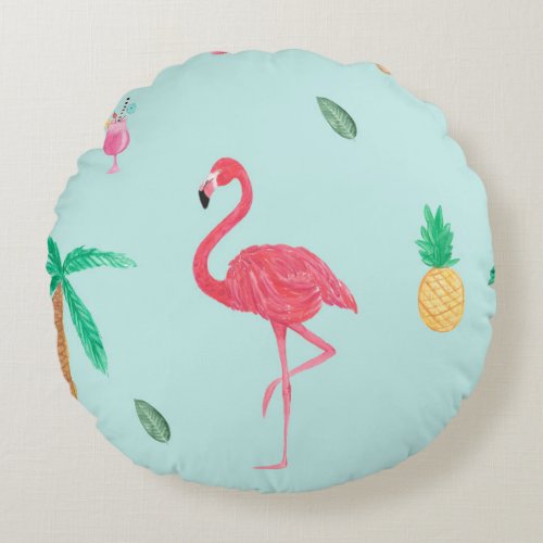 Tropical Summer Flamingo Blue Bedroom Collection Round Pillow