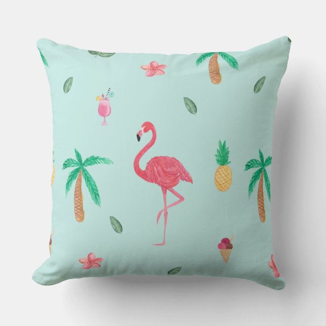 Tropical Summer Flamingo Blue Bedroom Collection Throw Pillow (Front)