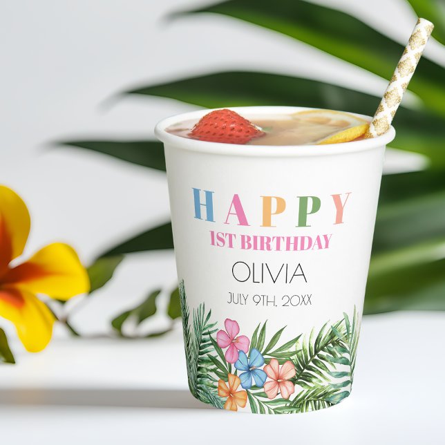 Tropical Summer Flamingo Girl Happy 1st Birthday Paper Cups (Tropical Summer Flamingo Girl Happy 1st Birthday Paper Cups)
