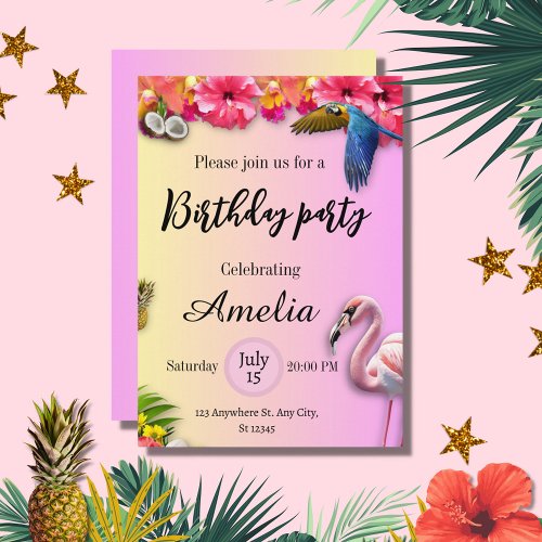 Tropical summer floral and pink flamingo birthday  invitation