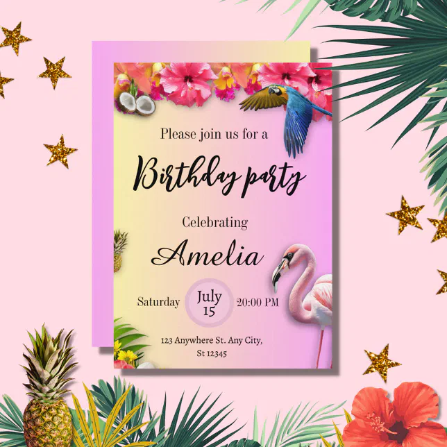 Tropical summer floral and pink flamingo birthday invitation | Zazzle