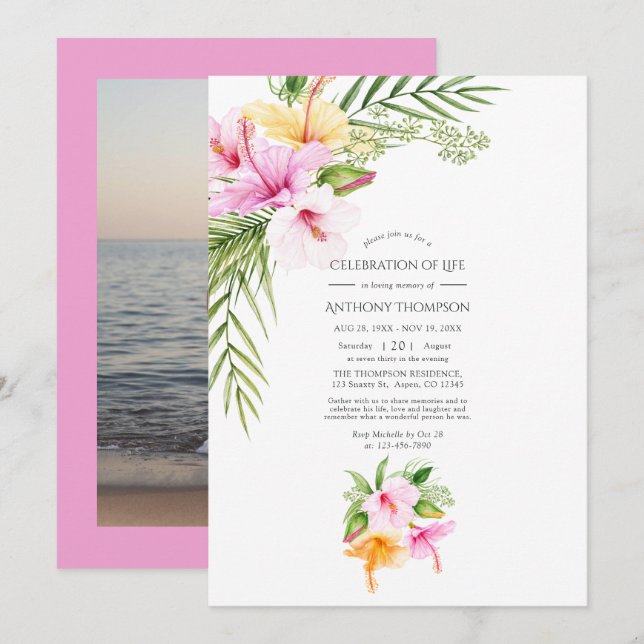 Tropical Summer Floral Celebration of Life Photo Invitation (Front/Back)