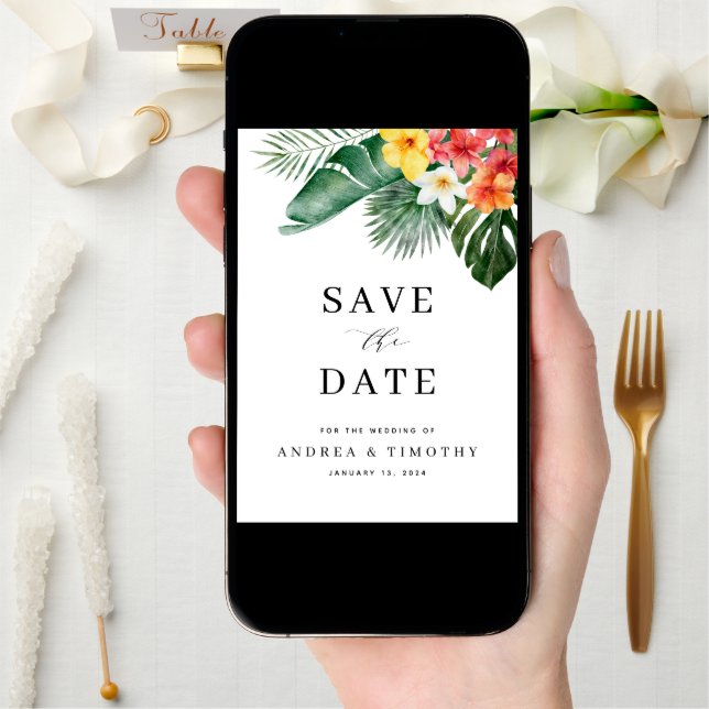 Tropical Summer Floral Greenery Wedding Photo Save The Date (Front Digital)