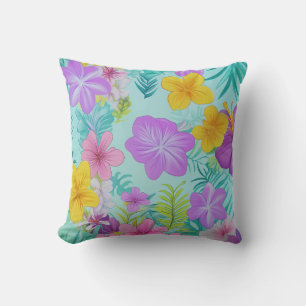 Tropical Summer Floral Pattern - Bright Hibiscus Throw Pillow