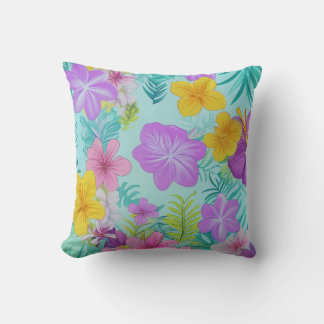 Tropical Summer Floral Pattern - Bright Hibiscus Throw Pillow