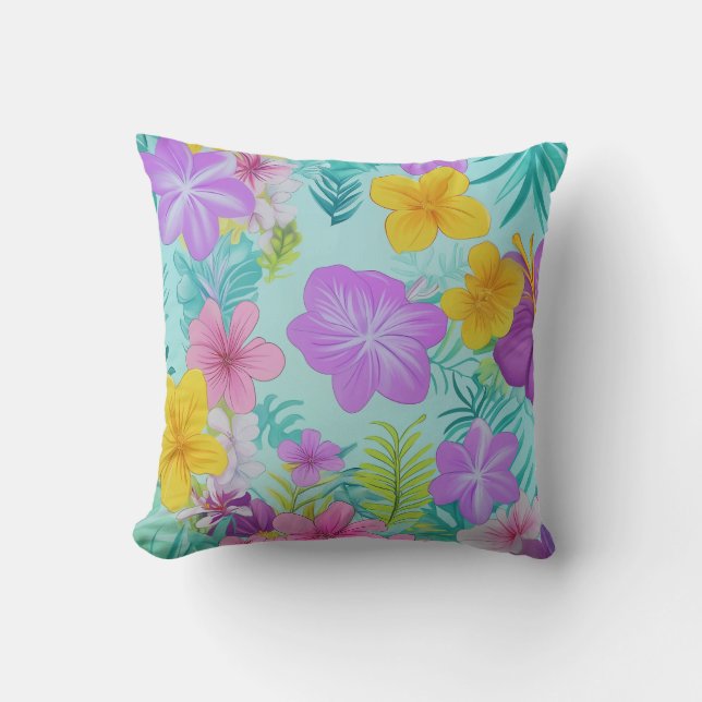 Tropical Summer Floral Pattern - Bright Hibiscus  Throw Pillow (Front)