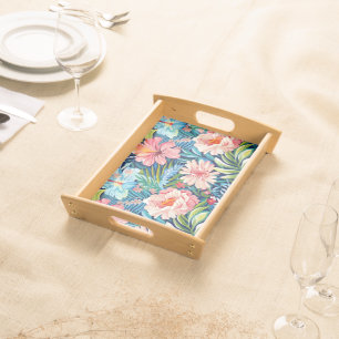 Tropical Summer Floral Pattern Pink Blue Serving Tray