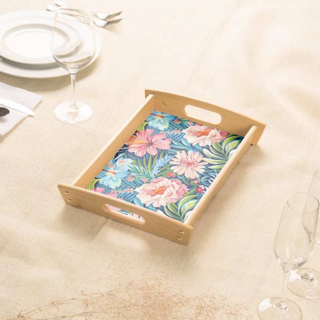 Tropical Summer Floral Pattern Pink Blue Serving Tray (Front)