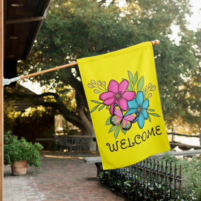 Tropical Summer Florals House Flag (In SItu)