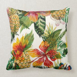 Tropical Summer Flowers and Pineapple Pattern Throw Pillow