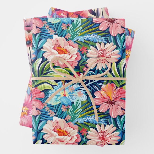 Tropical Summer Flowers Botanical Floral Pattern Wrapping Paper Sheets (In situ)