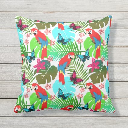 Tropical Summer Flowers Exotic Birds Pattern Outdoor Pillow