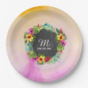 Tropical Summer Flowers Hibiscus Monogram Paper Plates