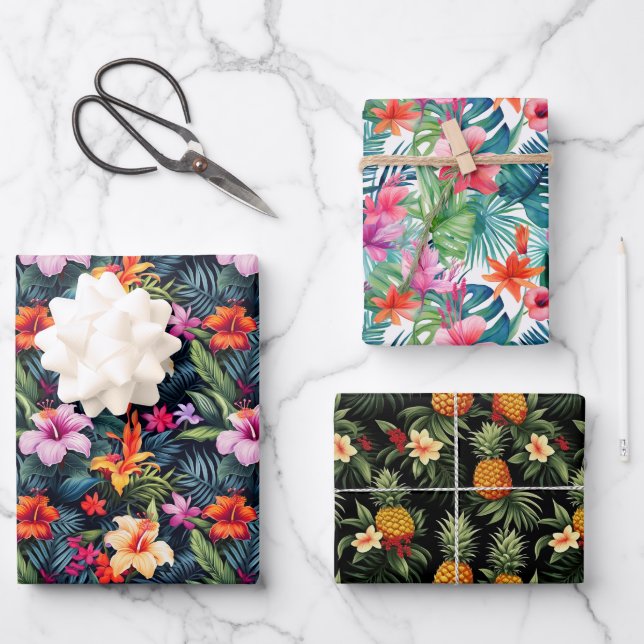 Tropical Summer Flowers Leaves Pinapple Print Gift Wrapping Paper Sheets (Front)
