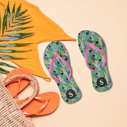 Tropical Summer Forest Floral Toucan Monogram Flip Flops