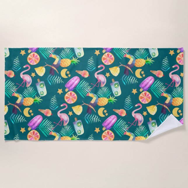 Tropical Summer Fun Pattern Beach Towel (Front)