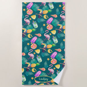 Tropical Summer Fun Pattern Monogram Beach Towel