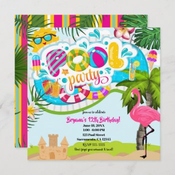 Tropical Summer Fun Pool Party Swim Birthday Invitation by printabledigidesigns at Zazzle