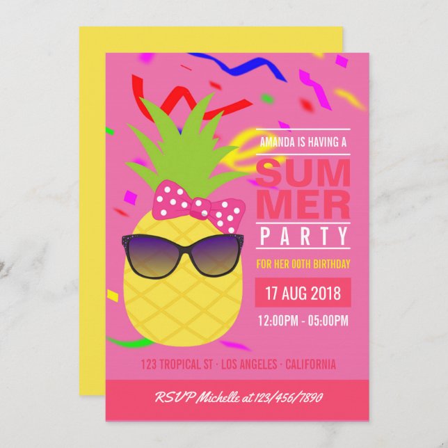 Tropical Summer Girl Birthday Party invite (Front/Back)
