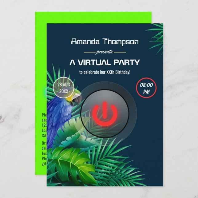 Tropical Summer Glow Virtual Birthday Party Invitation (Front/Back)