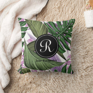 Tropical Summer Green Purple Leaves Monogram Throw Pillow