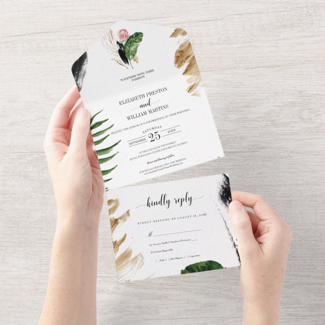 Tropical Summer Greenery Leaves Wedding with RSVP  All In One Invitation (Tearaway)