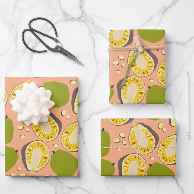 Tropical Summer Jackfruit Pattern - Exotic Fruit Wrapping Paper Sheets (Front)