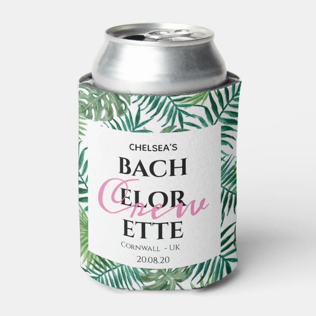 Tropical Summer Leaf Bachelorette Crew Party Can Cooler (Can Front)
