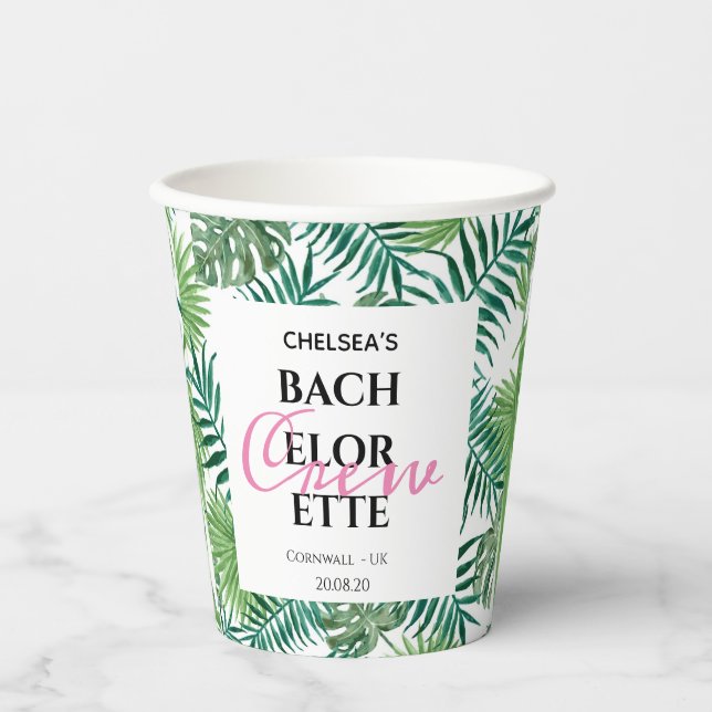 Tropical Summer Leaf Bachelorette Crew Party Paper Cups (Front)