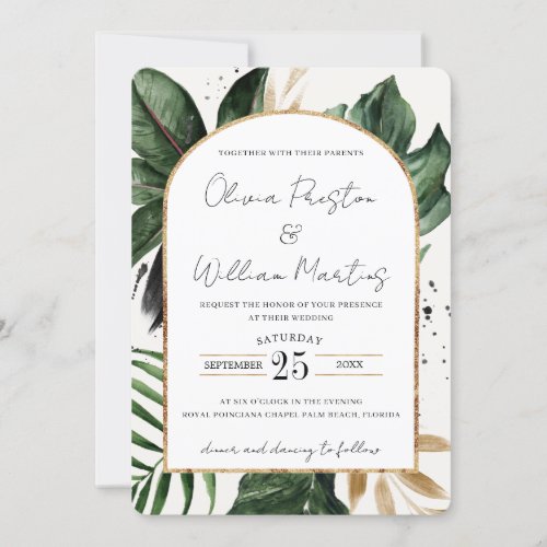 Tropical Summer Leaves Arch QR Code RSVP Wedding Invitation