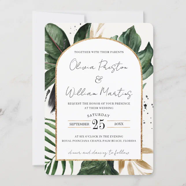 Tropical Summer Leaves Arch QR Code RSVP Wedding Invitation | Zazzle