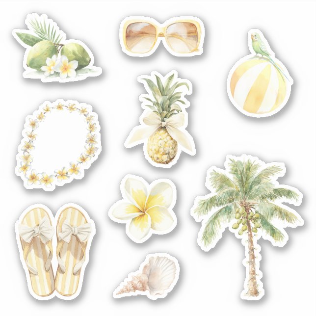 Tropical Summer Lei Palm Tree Pineapple Plumeria Sticker (Front)