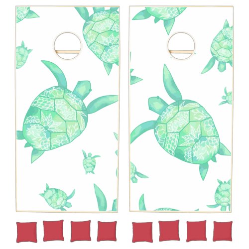 Tropical summer mandala green turtles pattern cornhole set