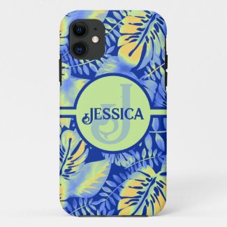 Tropical Summer Orange Blue Palm Leaves Monogram