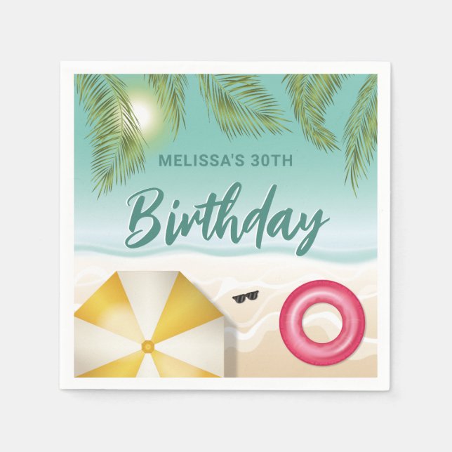 Tropical Summer Palm Leaves On Sand Beach Birthday Napkins (Front)