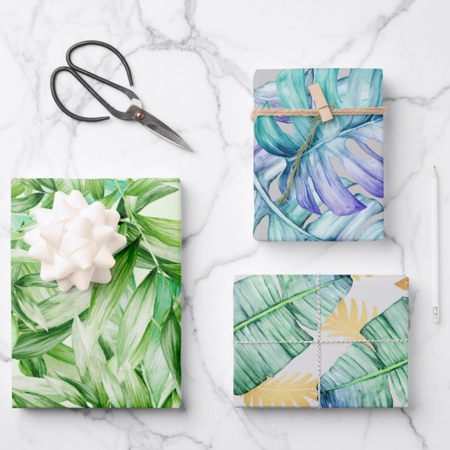 Tropical Summer Palm Leaves Pattern Wrapping Paper Sheets (Front)