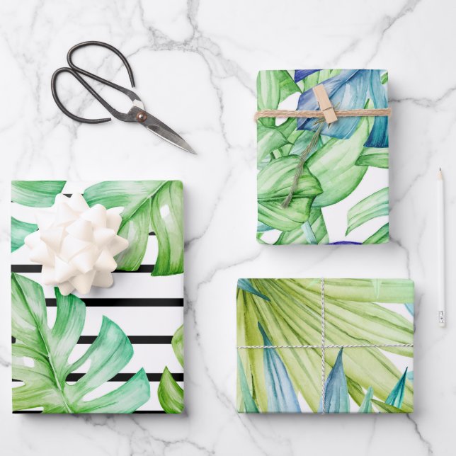 Tropical Summer Palm Leaves Pattern Wrapping Paper Sheets (Front)