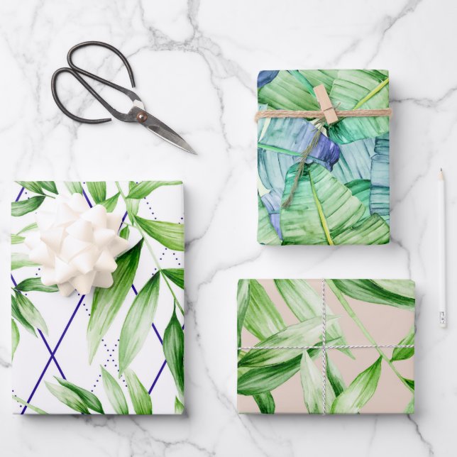 Tropical Summer Palm Leaves Pattern Wrapping Paper Sheets (Front)