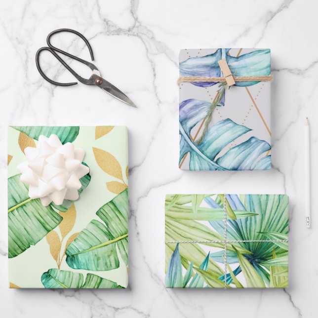 Tropical Summer Palm Leaves Pattern Wrapping Paper Sheets (Front)