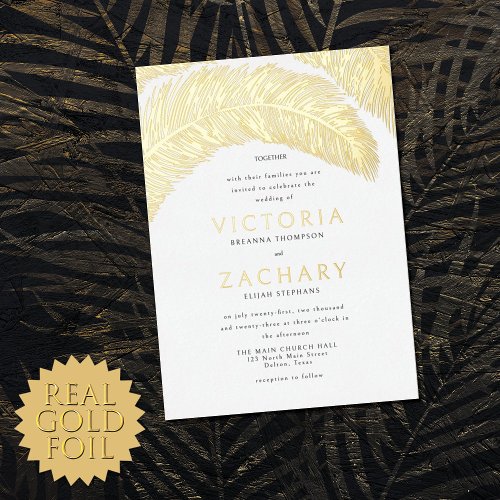 Tropical Summer Palm Tree Leaves Wedding Gold Foil Invitation