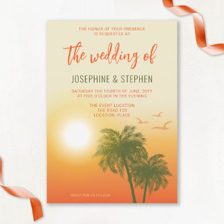 Tropical Summer Palm Trees Orange Sunset Wedding Invitation