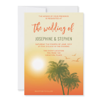 Tropical Summer Palm Trees Orange Sunset Wedding Invitation