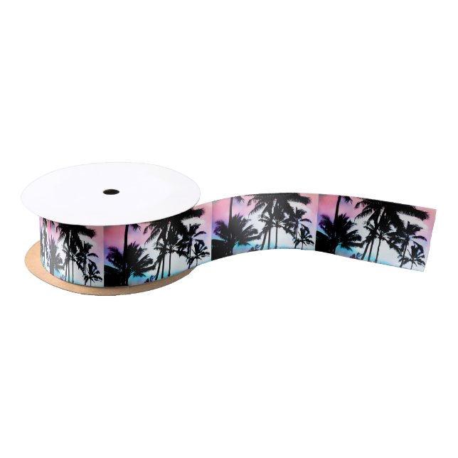 Tropical Summer Palm Trees Pink Blue Sunset Sky Satin Ribbon (Spool)