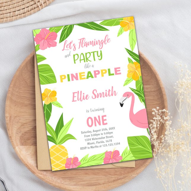 Tropical Summer Party Card for Girls (Flamingo & Pineapple Birthday Invitations)