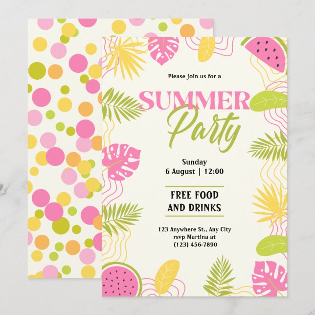 Tropical Summer Party Green And Pink Invitation (Front/Back)